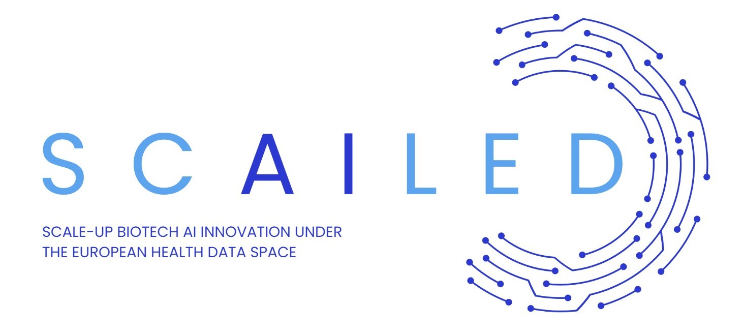 SCAILED project logo featuring the acronym “SCAILED” in blue lettering, accompanied by a circular pattern of interconnected electronic circuits on the right, symbolizing AI and digital innovation. Below, the tagline reads “Scale-up Biotech AI Innovation Under the European Health Data Space.